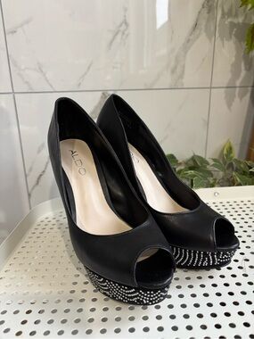 ALDO Black Peep Toe Rhinestone Platform Stiletto Pumps Heels Size 7